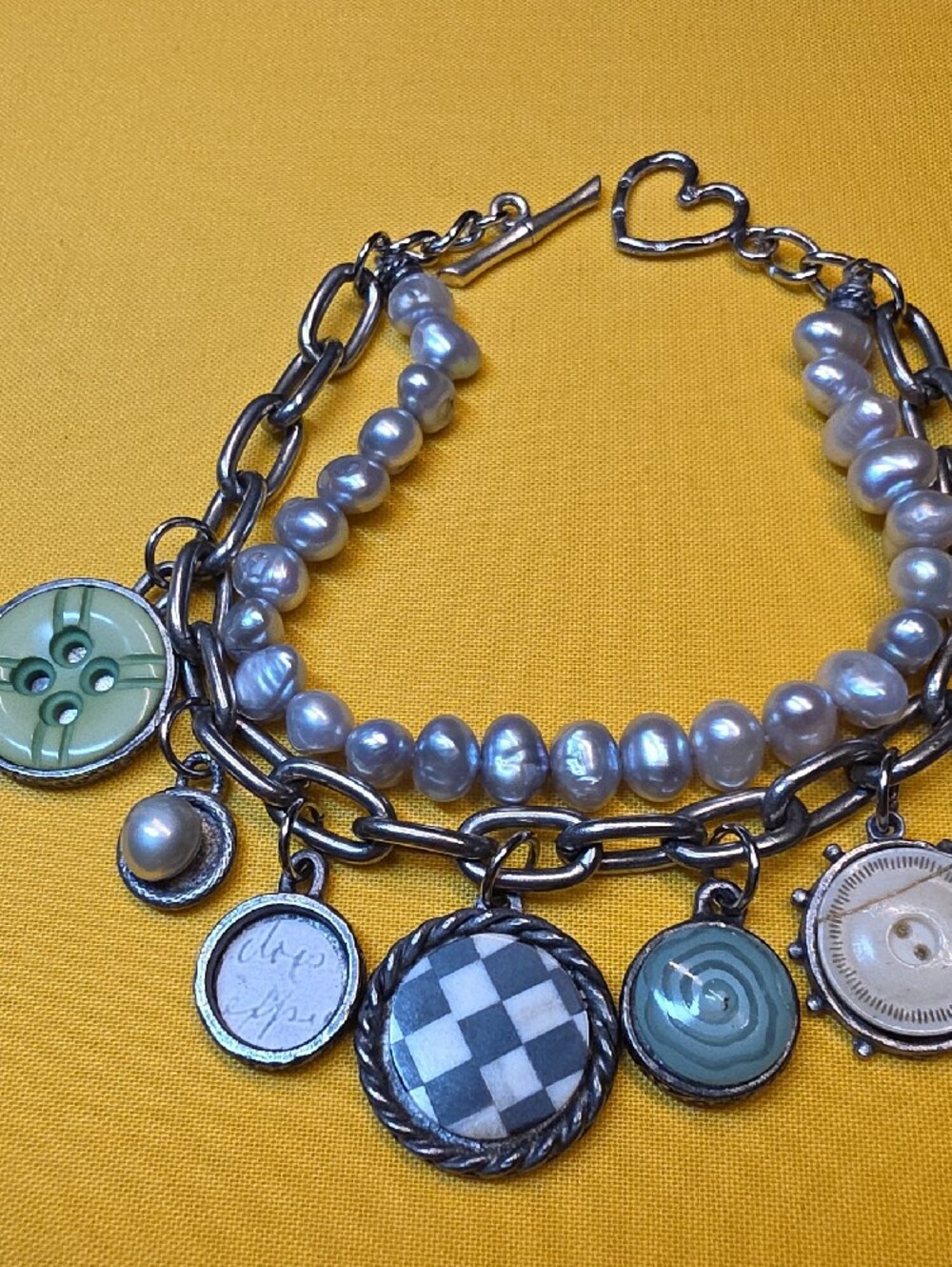 Artisan Double Strand Pearl & Chain Reversible Button Charm Bracelet 8" 54gtw